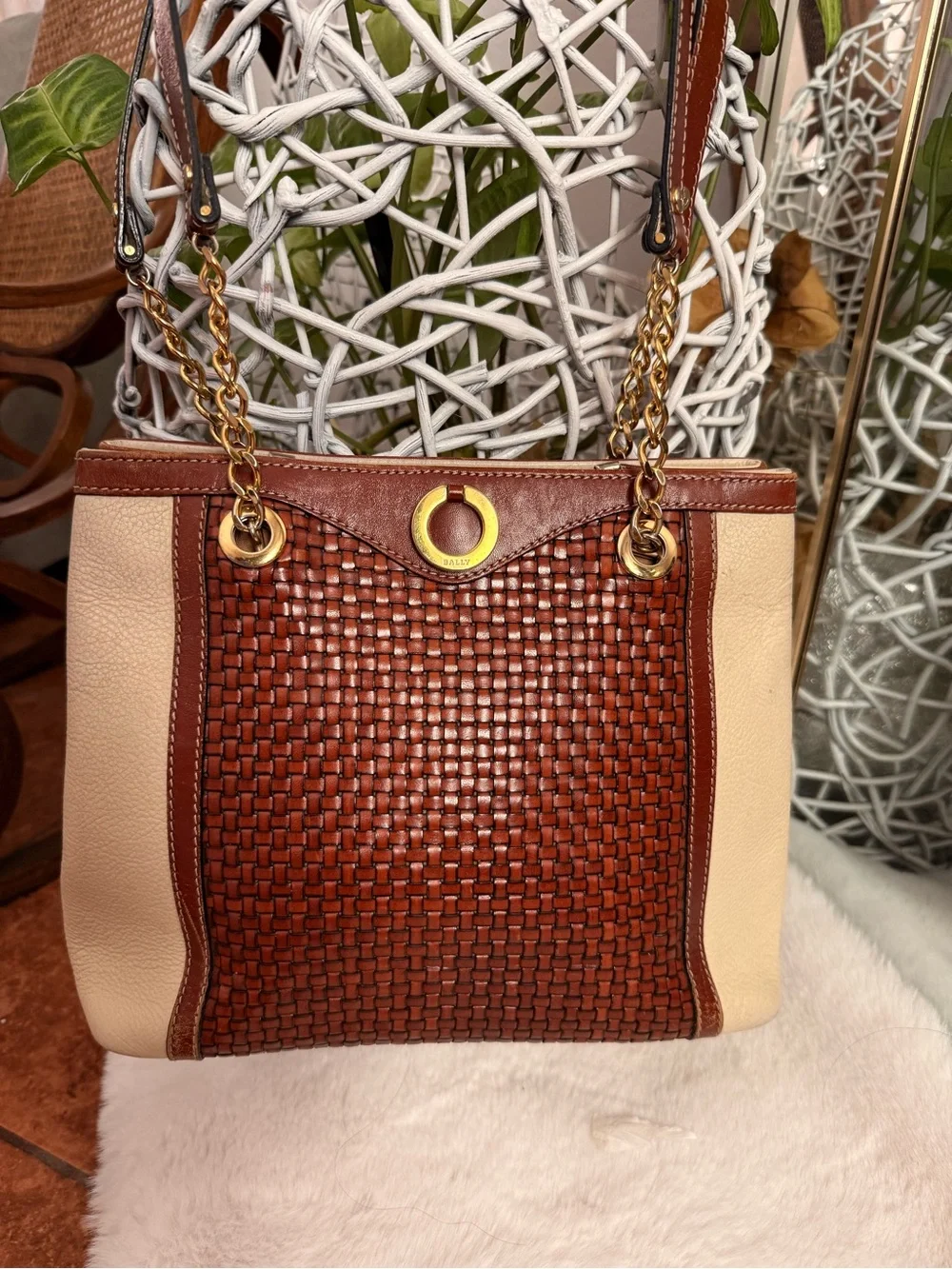 Bally vintage Brown Woven Leather Shoulder Bag with Cream Sides